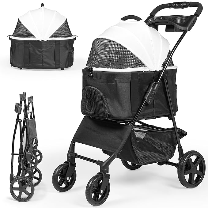 3-in-1 Foldable Pet Stroller for Dogs and Cats up to 33lbs Capacity – Premium Dog Stroller with Removable Carrier Storage Basket, All-Terrain Wheels, Sun Shades and Car Seat