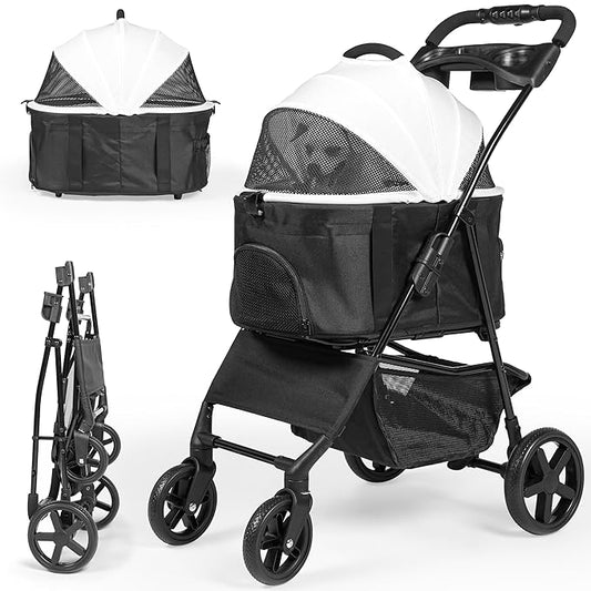 3-in-1 Foldable Pet Stroller for Dogs and Cats up to 33lbs Capacity – Premium Dog Stroller with Removable Carrier Storage Basket, All-Terrain Wheels, Sun Shades and Car Seat