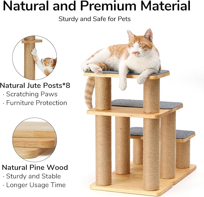 FUKUMARU Dog Stairs, Solid Wood Pet Stairs with Cat Scratching Post, Transformable Cat Ramp Can Hold Up to 200 lbs, 20 Inch Pet Steps for Dogs and Cats to Climb High Bed and Couch, Over 6 Combinations