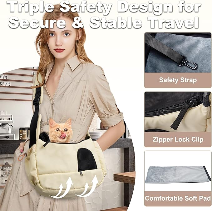 Dog Sling Carrier for Small Pets, Cat Sling for Kitten and Puppy up to 7 lbs, Breathable Cat Pouch Pet Purse with Soft Mat, Hands-Free Pet Carrier with Safety Harness and Pockets for Travel, Yellow