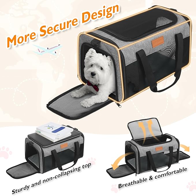 PETUX TSA Approved Pet Carrier in Cabin - 17"x11"x9.5", Underseat, Soft Sided Cat Carriers with Safety Zippers and Anti-Scratch Mesh for Small Cat up to 12 lb, Ideal for Travel and Vet Visit, Grey