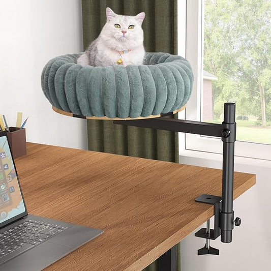XiaZ Cat Desk Bed Elevated Cat Desk Perch Rotating & Adjustable Desk Mounted Nest, Perfect Cats Table Beds for Working from Home/Office, Dual Mounting Options Desk Top/Under Desk