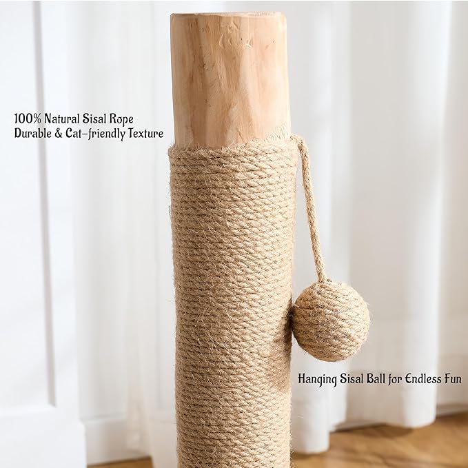 29" Tall Cat Scratching Post with Sisal Scratcher, Extra-Stable & Natural Solid Rubber Wood Base, Hanging Ball Toy for Indoor Cats Adults & Kittens, Beige