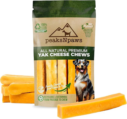 peaksNpaws Himalayan Yak Chews, High Protein Dog Treat for Aggressive Chewers, Natural, Long Lasting, Lactose Free Chew Stick for Pet Under 35 lbs, 6 Medium Treats, 100% Eco-Friendly Packaging