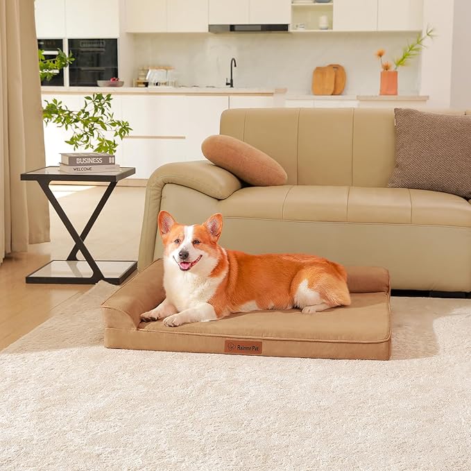 Orthopedic Dog Beds Large Sized Dog, Memory Foam Pet Bed for Large Dogs, Removable and Washable Microsuede Cover, TPU Waterproof Liner, Nonskid Bottom, 41x27x6 Inches, Khaki