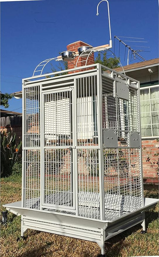 Extra Large Elegant Wrought Iron Play Top Bird Parrot Cage for African Grey Quaker Amazon Parrot Cockatiel Sun Green Cheek Conure Cockatoo Rolling Stand (28" L x 22" W x 65" H, White Vein)