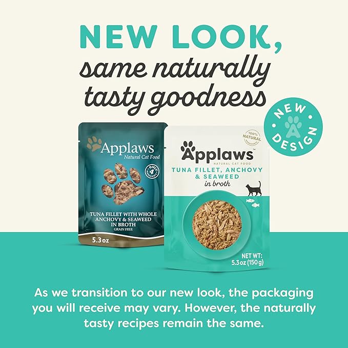 Applaws Natural Wet Cat Food in Broth, Limited and Natural Ingredients, High Protein with No Artificial Additives, Tuna Fillet, Anchovy & Seaweed in Broth (12 x 5.3oz Pouches)