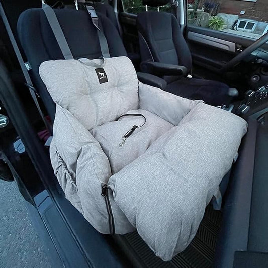 JACKO & CO Premium Dog Car Seat – Safe & Cozy Travel Bed and Carrier for Small Dogs, Puppies, Pets up to 25 lbs, Clip-On Leash & Storage Pockets, Water-Resistant, Machine Washable (Grey, Small)