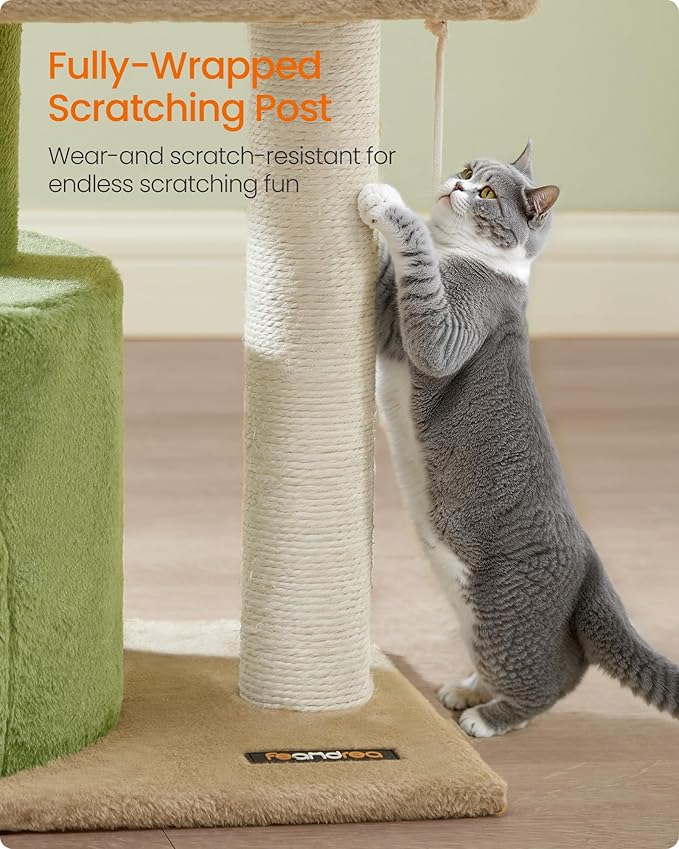 Feandrea Cat Tree Tower with Sisal Scratching Post, Cat Condo with Padded Perch, for Small Spaces, Kittens, Grass Green and Camel Brown UPCT050C01