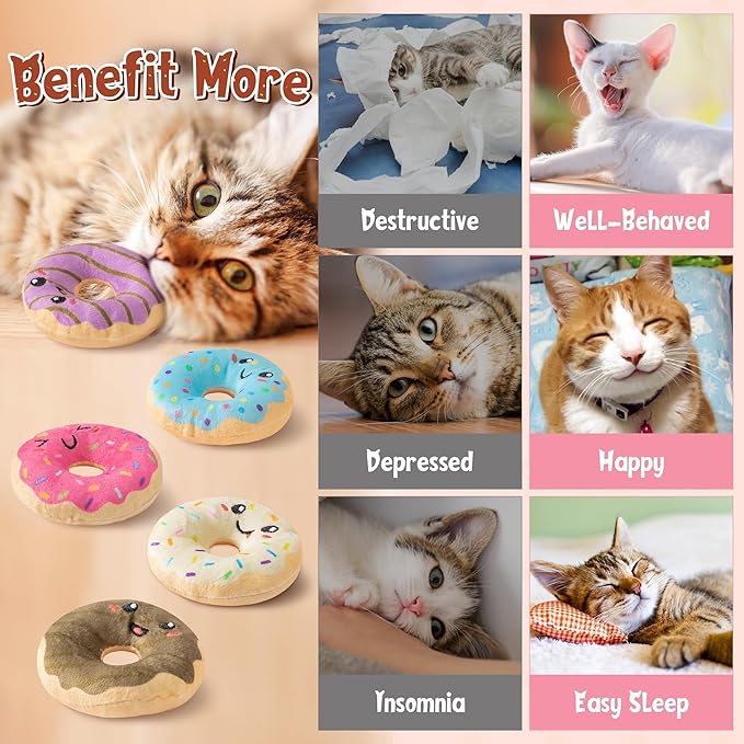 L1rabe Donut Catnip Stuffed Toys - Christmas Winter Gifts 5Pcs Funny Dessert Organic Cat Toys Pet Supplies, Indoor Cats Chew Bite Teething Tools Kittens Catmint Birthday Gifts Interactive Supplies