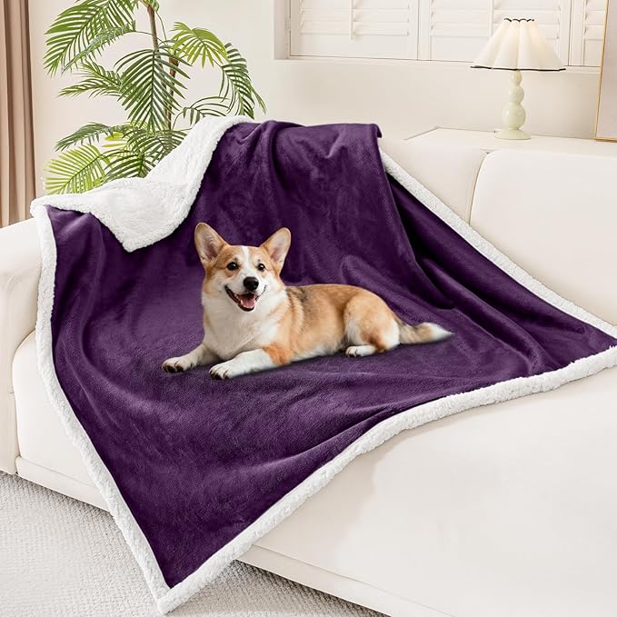 Smiry Waterproof Blanket Throw for Large Dogs, Soft Reversible Dog Blanket for Sofa Couch Bed, Washable Leakproof Sherpa Fleece Furniture Couch Protector(50"x60", Dark Purple/White)