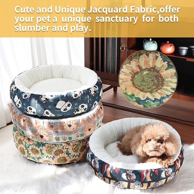 Circular Calming Dog & Cat Bed Anti-Anxiety Washable with Anti Slip Backing Donut Cuddler with Cute Jacquard Patterns for Cat and Small Puppy (XS-20in, Sunflower)