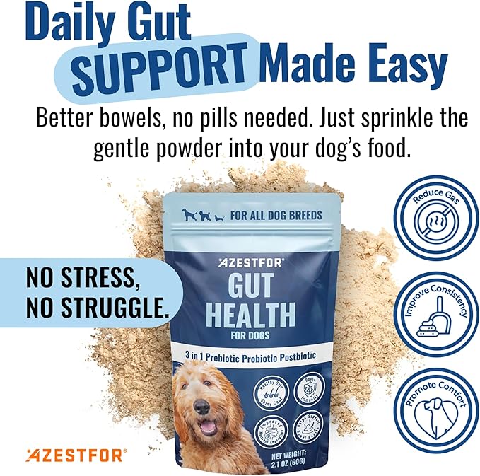 Azestfor Gut Health Supplement for Dogs – 3 in 1 Probiotic, Prebiotic & Postbiotic Blend – Supports Digestion, Immunity & Skin – Easy-to-Use Powder – for All Breeds & Sizes – 60g (30 Servings)