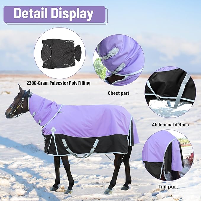 Horse Turnout Blankets Horse Blanket Winter Water Resistant,220G-Gram Polyester Poly Filling Liner 1200D Premium Turnout Horse Blanket,Medium Weight Blanket 78inches145cm
