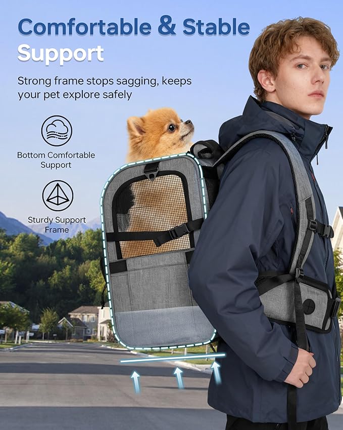 Hiking Dog Carrier Backpack, Padded Height-Enhancing Design, Adjustable Waist Cushioning Belt with Breathable Padded Back Support, Dog Carrier Backpack for Small Dogs Max 13LB Grey with Pad