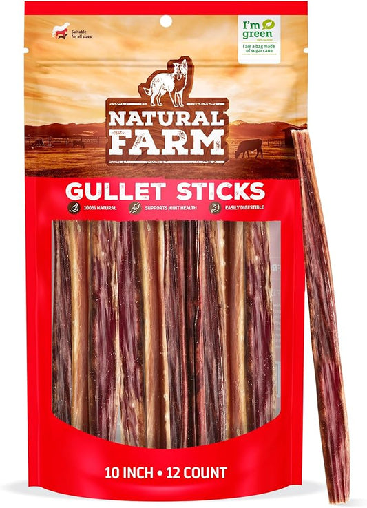 Natural Farm Gullet Jerky Sticks (10”, 12-Pack), Fully Digestible Beef Esophagus, Grain-Free, Odor-Free - Best for Light, Pups & Senior Chewers