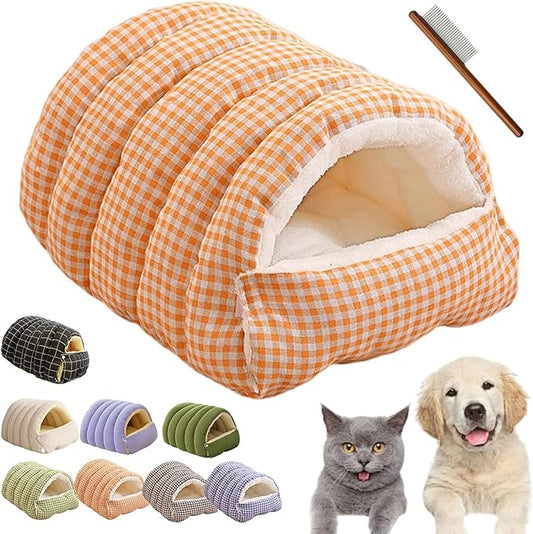 CutyPet Winter Cave,Warmth Cozy Comfort Plush Pet Cave,Cute Cozy Safe Hideaway Cat Bed with Removable Cushion,Warm Soft Removable Washable for Cats and Dogs (Orange Plaid, L:25.59 * 15.74 * 11.02 in)