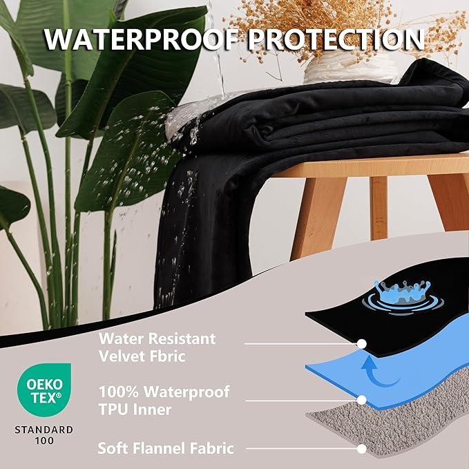 Waterproof Dog Blanket for Couch, Reversible Pet Throw Blankets Leak Proof Sofa Bed Protector for Furniture Machine Washable-52x82,Black+Lightgrey