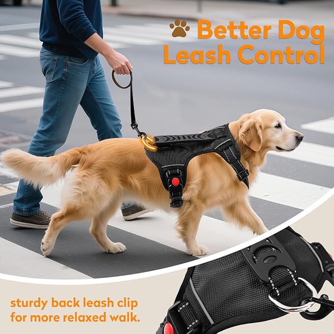 No Pull Dog Harness with 2 Leash Clips, Reflective Adjustable Soft Padded Vest with Handle, Breathable Oxford No Choke Pet Vest for Large Dogs, Black,L