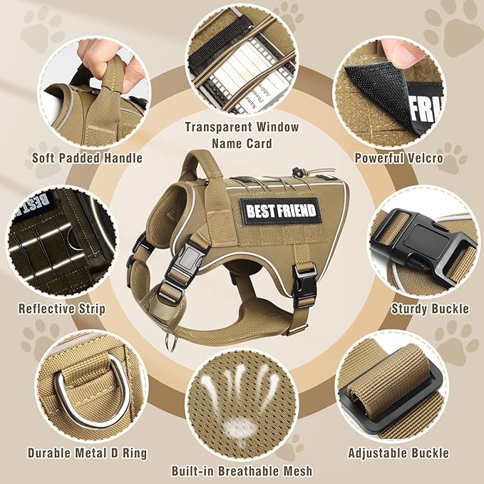 Tactical Dog Harness Small Sized Dog,No Pull Military Dog Vest with Handle,Reflective Heavy Duty Pet Harness for Walking Hiking Training Brown S