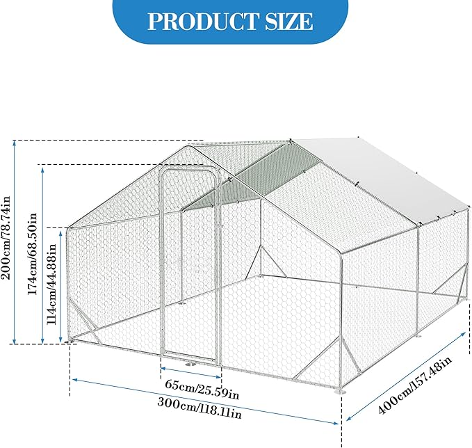 Large Metal Chicken Coop Run,Outdoor Walk-in Cage Peak Hen House with Waterproof and Anti-Uv Cover,Spire Roof Hen House with Security Lock for Outdoor,Backyard and Farm, 9.8 x 13.1 x 6.6 ft