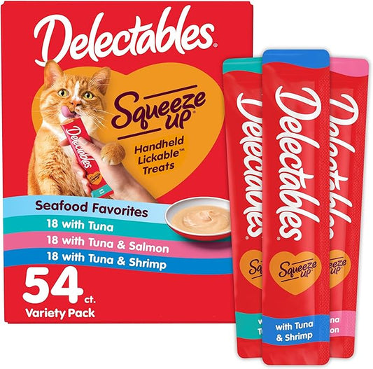 Delectables Squeeze Up Seafood Variety Pack, Creamy Squeezable Puree, Lickable Wet Cat Treats, Grain Free, No Added Fillers, No by-Products, No Added Preservatives, 0.5 Ounces Tube, 54 Tubes Total