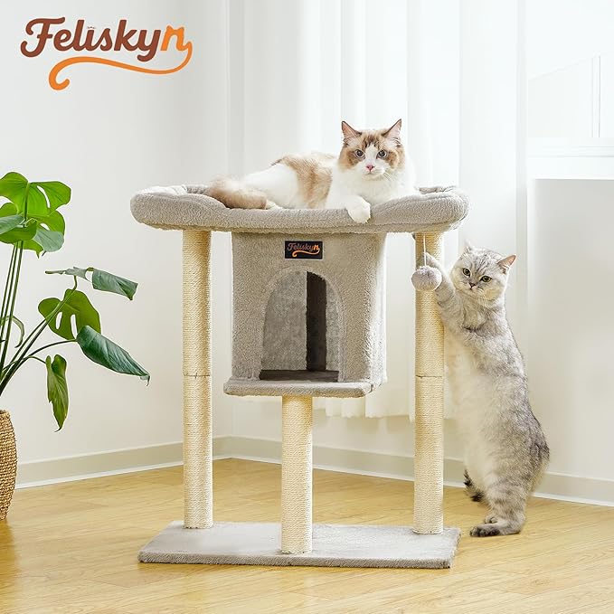 Small Cat Tree Tower for Indoor Large Cats, Cat Scratching Post with Big Perch Bed, 28in Tall Trees House with Condo Cave, Toy Balls, Modern Climbing Furniture Big Platform for Kitten (Light Gray)