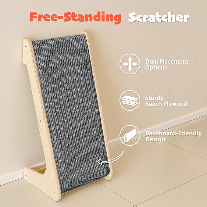 PETKARAY L Shape Cat Scratcher, Sisal Kitty Scratching Ramp, Vertical Scratch Pad for Indoor Cats, 25.5" Furniture Protector with Catnip, Grey