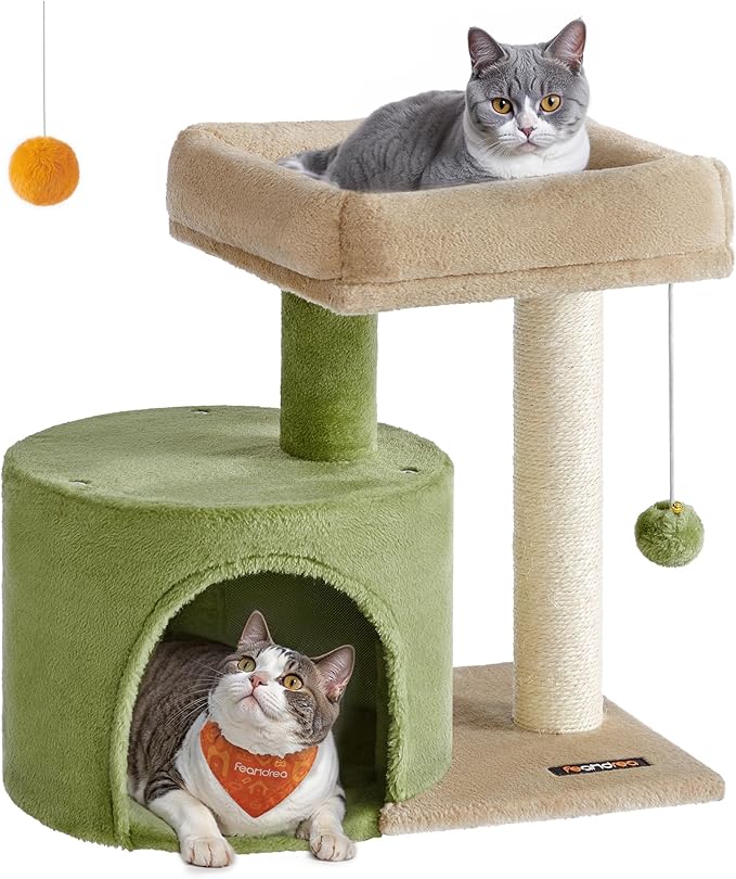 Feandrea Cat Tree Tower with Sisal Scratching Post, Cat Condo with Padded Perch, for Small Spaces, Kittens, Grass Green and Camel Brown UPCT050C01