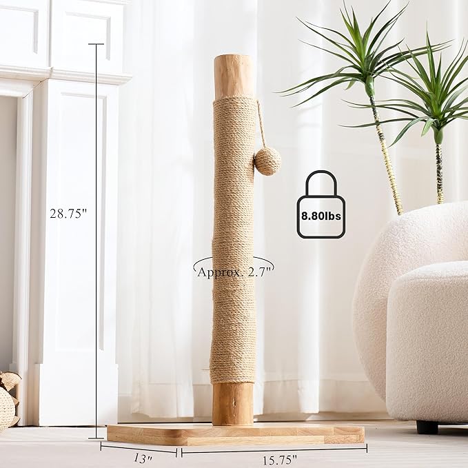 29" Tall Cat Scratching Post with Sisal Scratcher, Extra-Stable & Natural Solid Rubber Wood Base, Hanging Ball Toy for Indoor Cats Adults & Kittens, Beige
