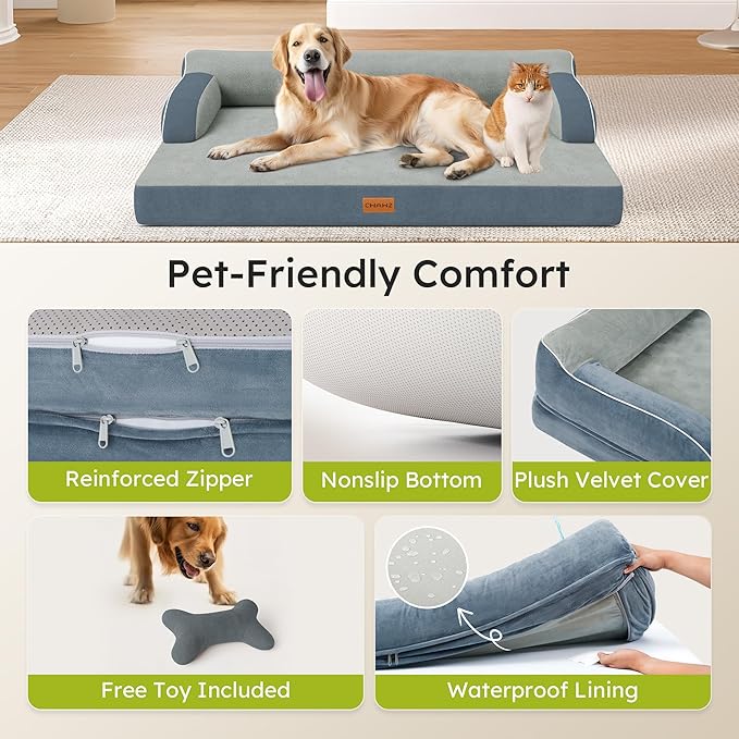 Large Orthopedic Dog Bed, Pet Bed Large Size Dog, Dual-Sided Cooling Beds with Memory Foam Washable Cover Nonslip Bottom, Waterproof Pet Beds with Bolsters, Dark Grey