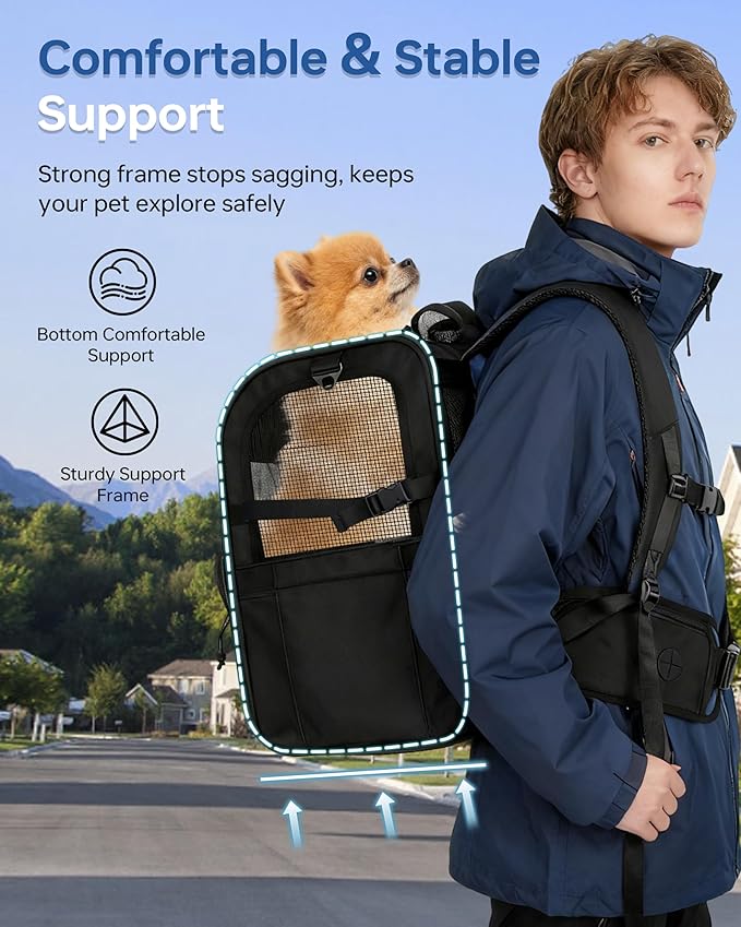 Hiking Dog Carrier Backpack, Adjustable Waist Cushioning Belt with Breathable Padded Back Support, Dog Carrier for Hiking with 5 Pockets, Dog Carrier Backpack for Small Dogs Max 13LB Black
