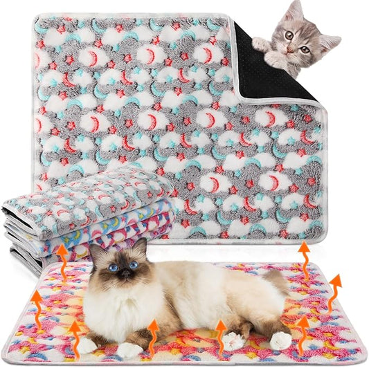 4 Pack Self Heating Cat Bed Cat Self Warming Pad with Removable Cover Extra Warm Thermal Pet Pad Washable Pet Crate Mat Anti Slip Kennel for Indoor Outdoor Pets(Stars Moon,16 x 20 Inches)