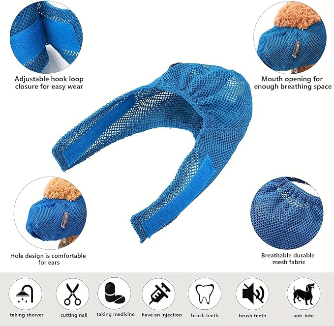Anti-Bite Cat Mask, Soft, Secure Closure, Machine Washable - for Grooming, Vet Visits, Bath Time, Prevents Biting During Nail Trimming, Cleaning (Blue,Pink,Gray, 3-Piece Set)