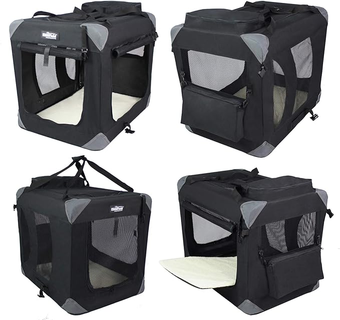 EliteField 3-Door Folding Soft Dog Crate with Carrying Bag and Fleece Bed (2 Year Warranty), Indoor & Outdoor Pet Home (20" L x 14" W x 14" H, Black)
