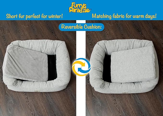 Furry's Paradise Foam Cuddler Pet Bed with Waterproof Liners, Reversible Cushion, Washable Cover, Recycled Fibers and Non-Slip Bottom. (Gray Paisley, Orthopedic Small)