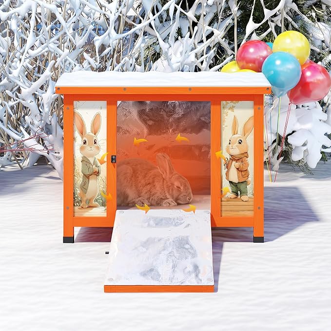 COZIWOW 24 Inch Rabbit Hutch with Insulation Layer, All-Weather Wooden Bunny Cage, Indoor Outdoor Weatherproof Pet Shelter for Winter, Rabbits/Cats/Chicken, Orange