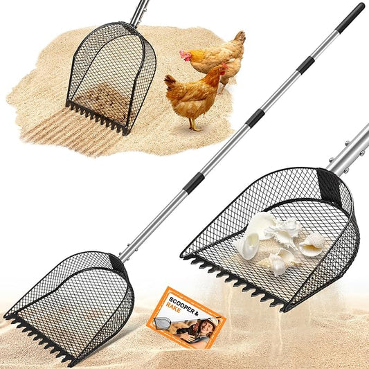Metal Chicken Poop Scooper and Rake 2-in-1, Chicken Coop Scoop for Poop Sand with Stainless Steel Handle (43-73" Adjustable), Sifter Shovel Chicken Coop Sand Rake for Chicken Coops & Farm Animals
