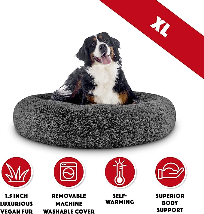 The Dog’s Bed Sound Sleep Donut Dog Bed, XL Steel Grey Fur Calming Nest Bed Removable Cover