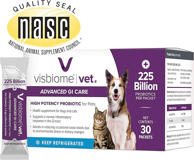 Visbiome® Vet Advanced GI Care High Potency Probiotic for Dogs & Cats – 225B CFU, 8-Strain Formula – Refrigerated, Veterinarian Recommended, Clean Label Certified – 60 Packets