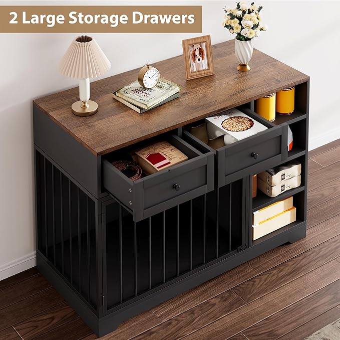 Dog Crate Furniture 47?? Large Dog Crate TV Stand with 2 Drawers and 4 Shelves, Wooden Dog Kennel Indoor, Decorative Dog Cage with Storage for Large Dogs, Black
