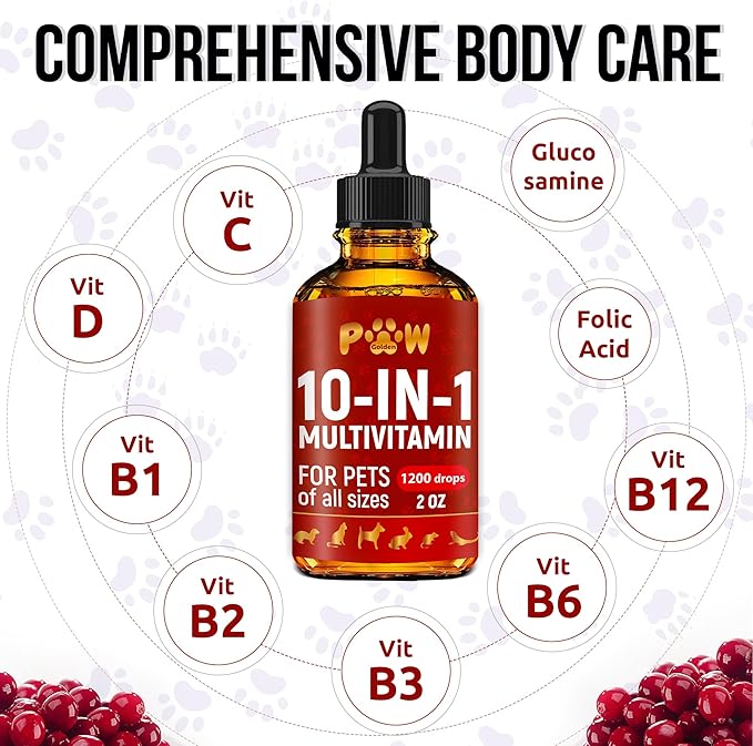 Cat Multivitamin B, C, & D3 – Liquid 10 in 1 Multivitamin for Dogs – Dog Vitamins and Supplements to Help with Allergies & UTIs – Cat Vitamins for Skin & Coat – Glucosamine for HIPS & Joints – 2 Oz