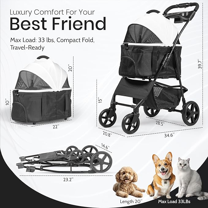 3-in-1 Foldable Pet Stroller for Dogs and Cats up to 33lbs Capacity – Premium Dog Stroller with Removable Carrier Storage Basket, All-Terrain Wheels, Sun Shades and Car Seat