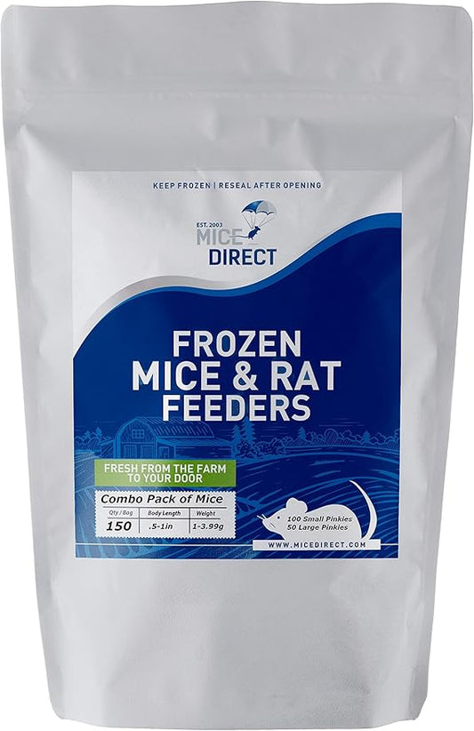 MiceDirect Frozen Mice Combo Pack of Small Pinkies & Pinkies Feeder Mice - Food for Corn Snakes, Ball Pythons, Lizards & Pet Reptiles-Freshest Snake Feed Supplies (0.5-1 in (Combo 100MSP & 50MLP))