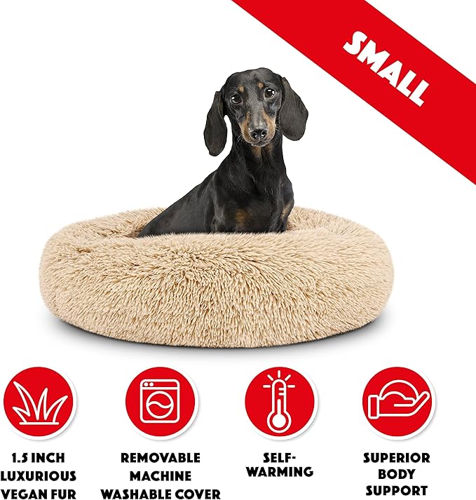 The Dog’s Bed Sound Sleep Donut Dog Bed, Small Beige Fur Calming Nest Bed