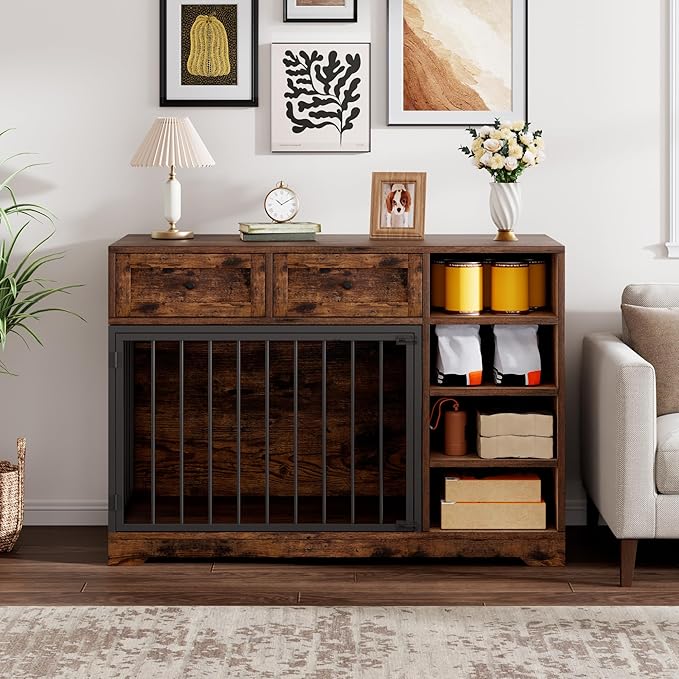 Dog Crate Furniture 47?? Large Dog Crate TV Stand with 2 Drawers and 4 Shelves, Wooden Dog Kennel Indoor, Decorative Dog Cage with Storage for Large Dogs, Brown