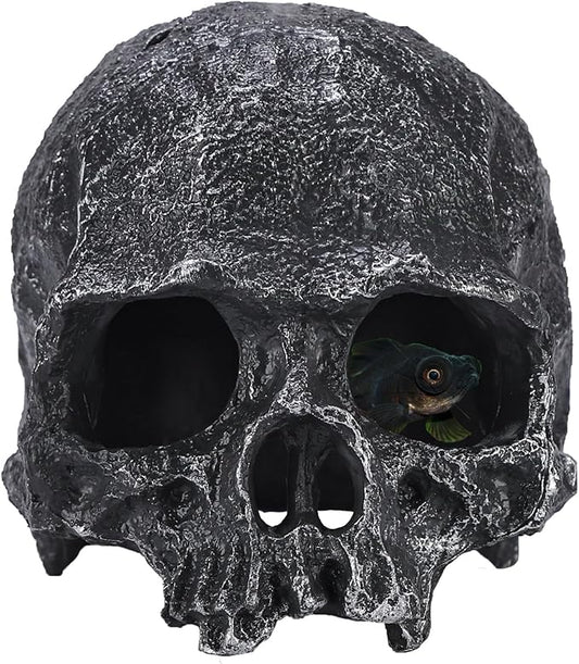 Resin Reptile Hideout for Tank Realistic Skull Decor for Terrarium Black Decorative Skeleton Head Hides and Caves for Fish Ball Python Axolotl Tarantula