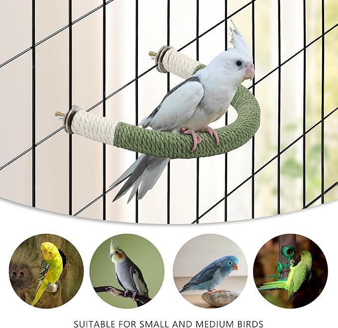 U Shape Hemp Rope Green Wood Parrot Perches for Macaws, Cockatiels, Conures, Finches - Bird Training Educational Stand Toys (Medium-1 Pack)