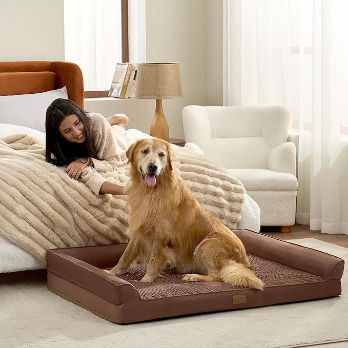 Dog Beds for Extra Large Dog, XXL Bolster Pet Couch with Waterproof Lining, Egg Crate Foam Sofa for Pets Up to 150 lbs, U-Shaped, 48x35x8 inch, Brown