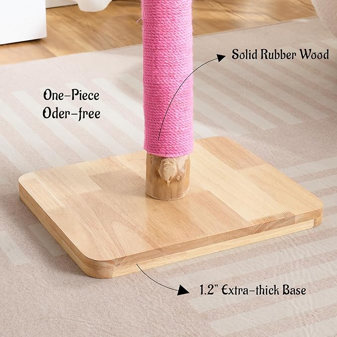 29" Tall Cat Scratching Post with Sisal Scratcher, Extra-Stable & Natural Solid Rubber Wood Base, Hanging Ball Toy for Indoor Cats Adults & Kittens, Pink